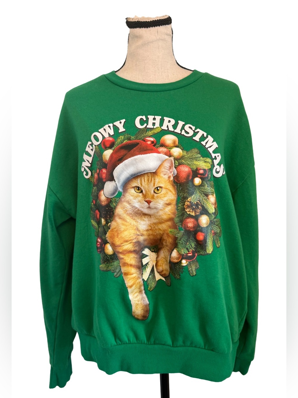 Ugly Christmas Cat Sweatshirt Green Holiday Crewneck Large Isaac Morris